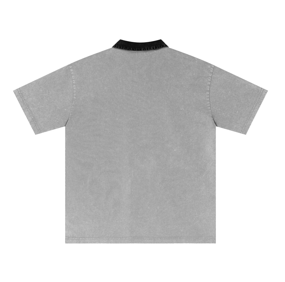 Back angle of Light Gray cotton polo with vintage wash consistency, manufacturing quality control view.