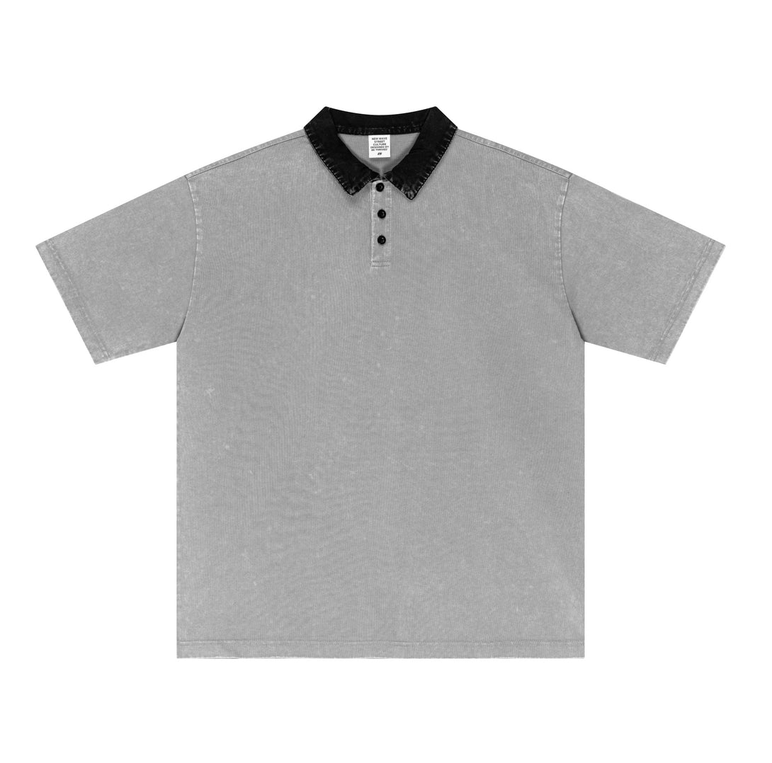 Light Gray oversized polo shirt front, featuring 100% cotton construction and distressed wash for streetwear collections.