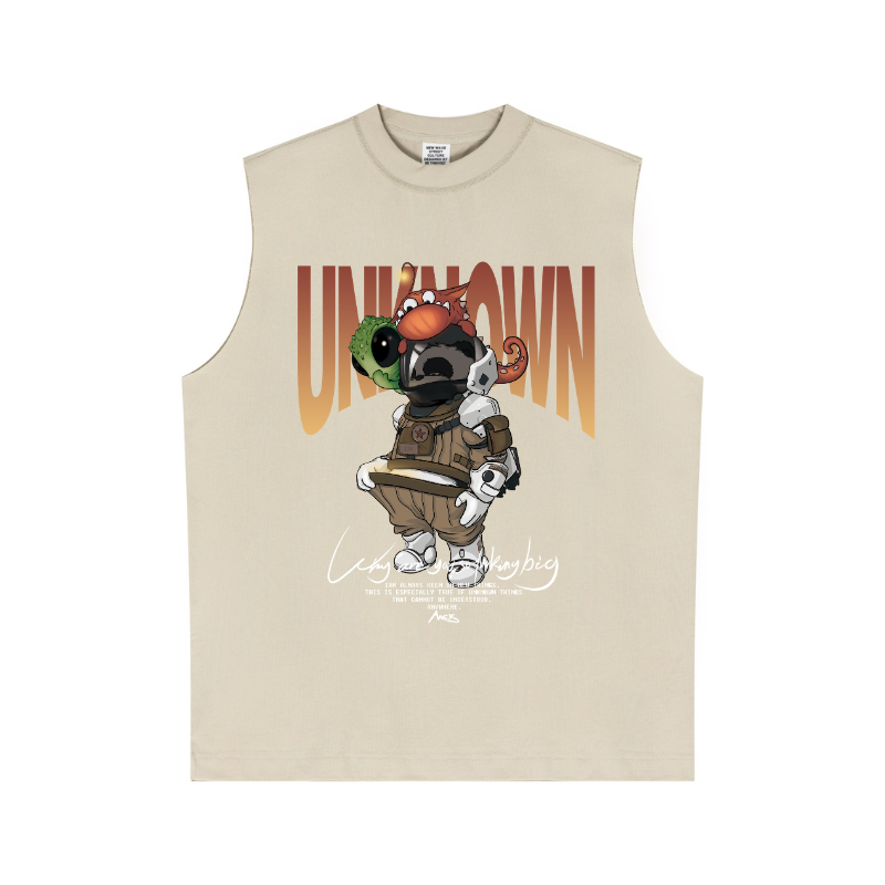 Printed design on Sandy Apricot tank front - Sorona quick-dry sustainable fabric