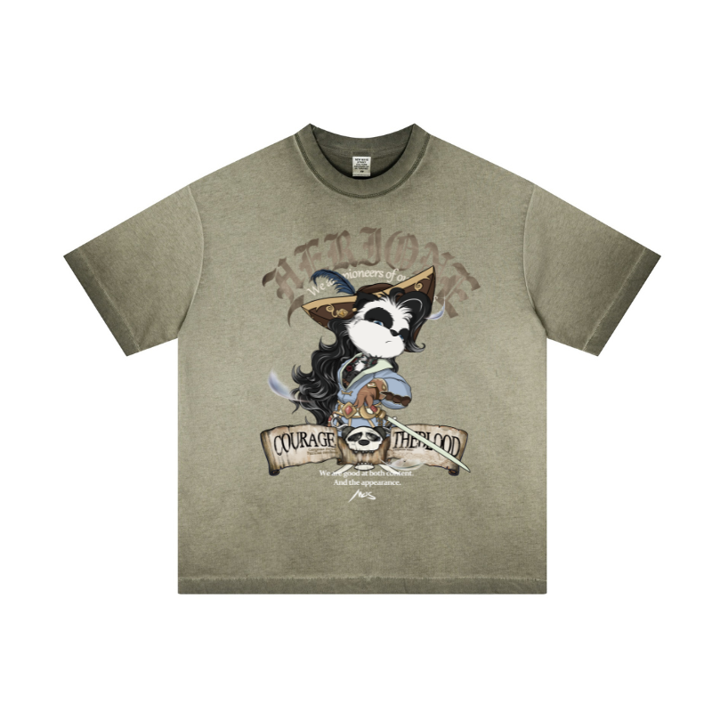Army green reverse-distressed graphic tee - Oversized cut with raw-edge hem | Garment production blanks wholesale