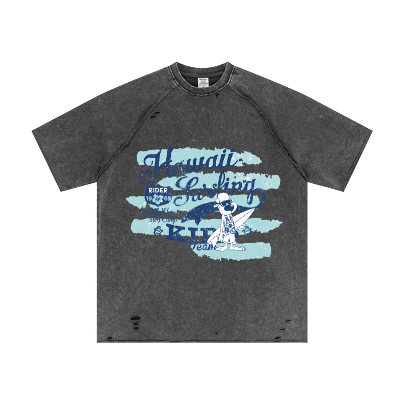 Medium gray oversized tee with concrete-crack print - Snow-wash pigment dye & raw-edge trim | Bulk vintage apparel production