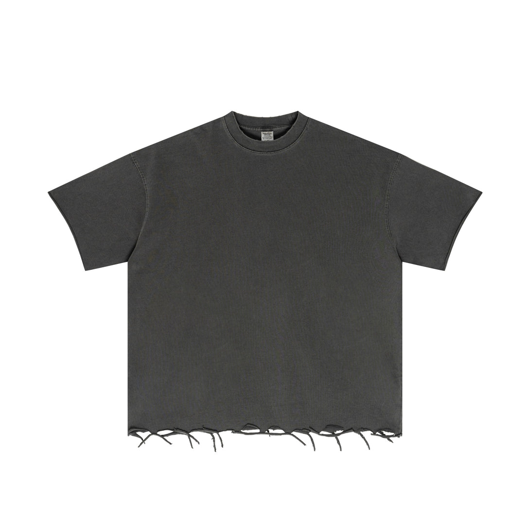 Dark Gray oversized cotton t-shirt front with streetwear-ready pigment dye and distressed detailing.