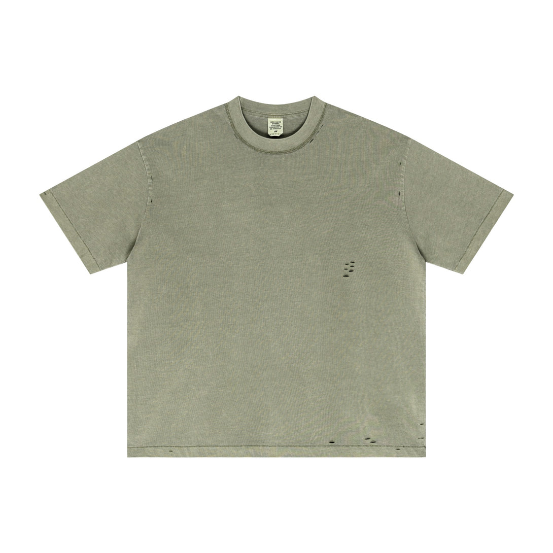 Army green pigment-dyed oversized tee with SS25 vintage wash, distressed trim front view. Wholesale unisex apparel for clothing businesses.