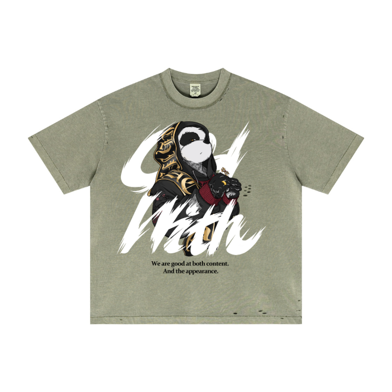 Army green pigment-dye oversized tee with cracked-ink camouflage print - SS25 vintage wash & distressed trim | Wholesale apparel production