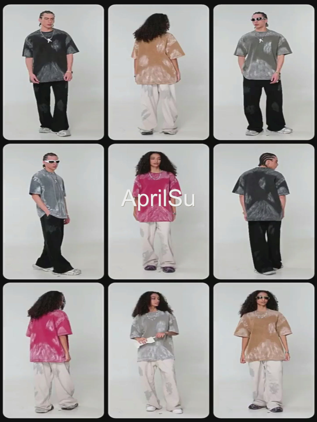 Manufacturing showcase of hand-brushed pigment-dye oversized cotton tee. Model demonstrates fit and texture for bulk wholesale orders.