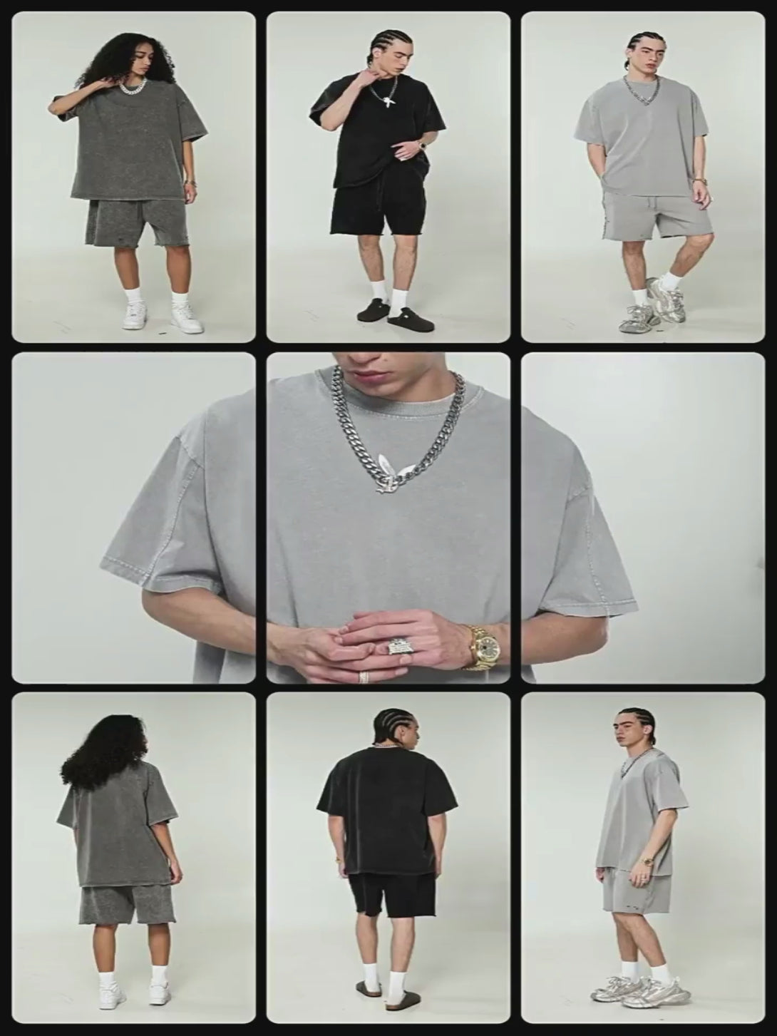 Professional model wearing Light Gray 100% Cotton Oversized Tee, showcasing vintage wash texture, distressed detailing, and streetwear fit in motion.