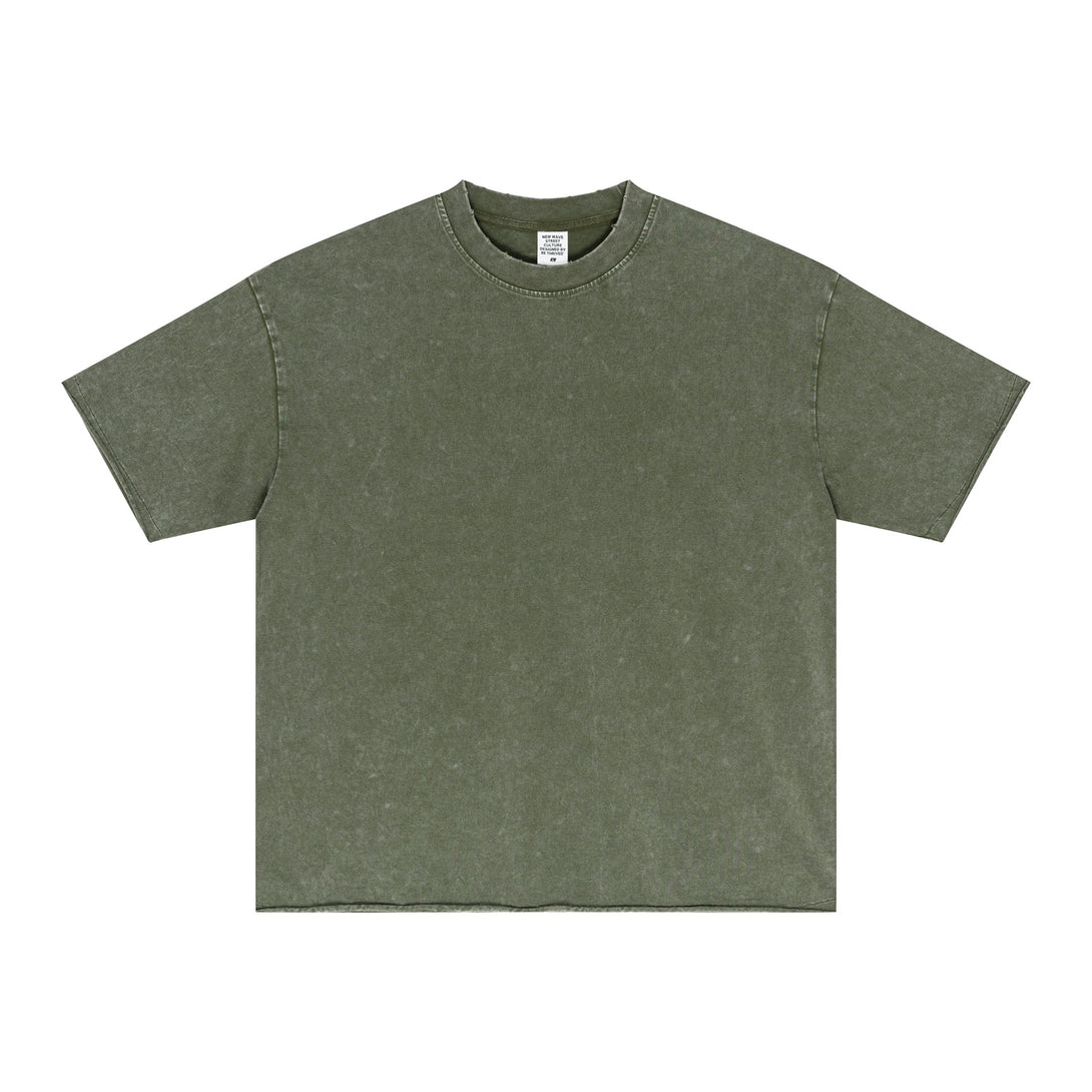 Army Green Raw-Edge Design Tee Front | Military-Inspired Vintage Wash | Distressed Streetwear Essential | Wholesale Textiles