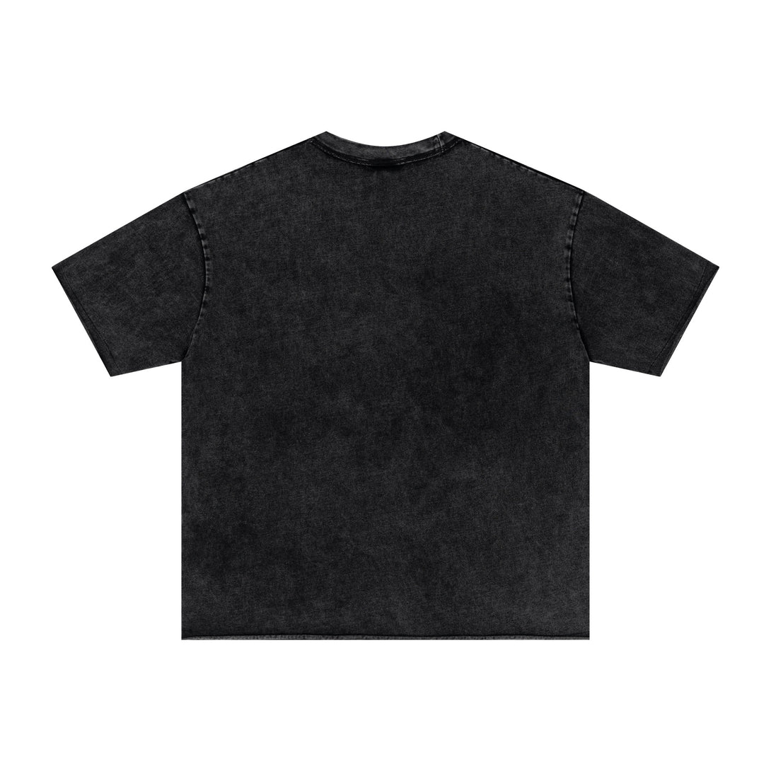 Black Eco Distressed T-Shirt Back | Pigment Wash Technique | Custom Apparel Manufacturing MOQ 20