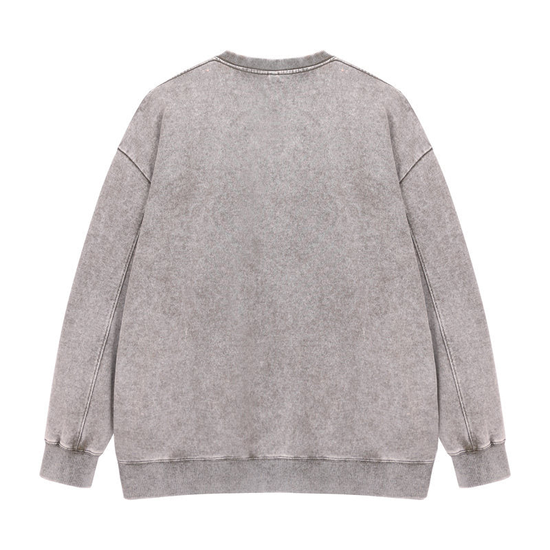 Back view of round-neck distressed washed vintage sweatshirt in army green color