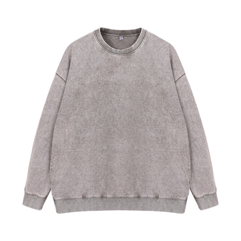 Front view of round-neck distressed washed vintage sweatshirt in army green color