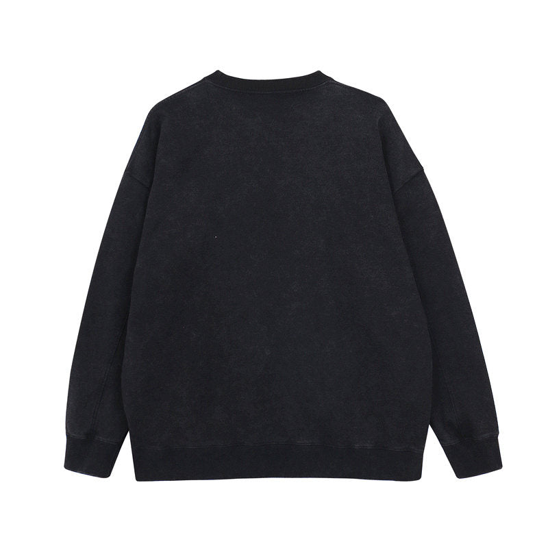 Back view of round-neck distressed washed vintage sweatshirt in black color