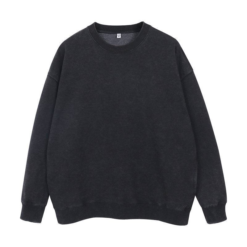 Front view of round-neck distressed washed vintage sweatshirt in black color