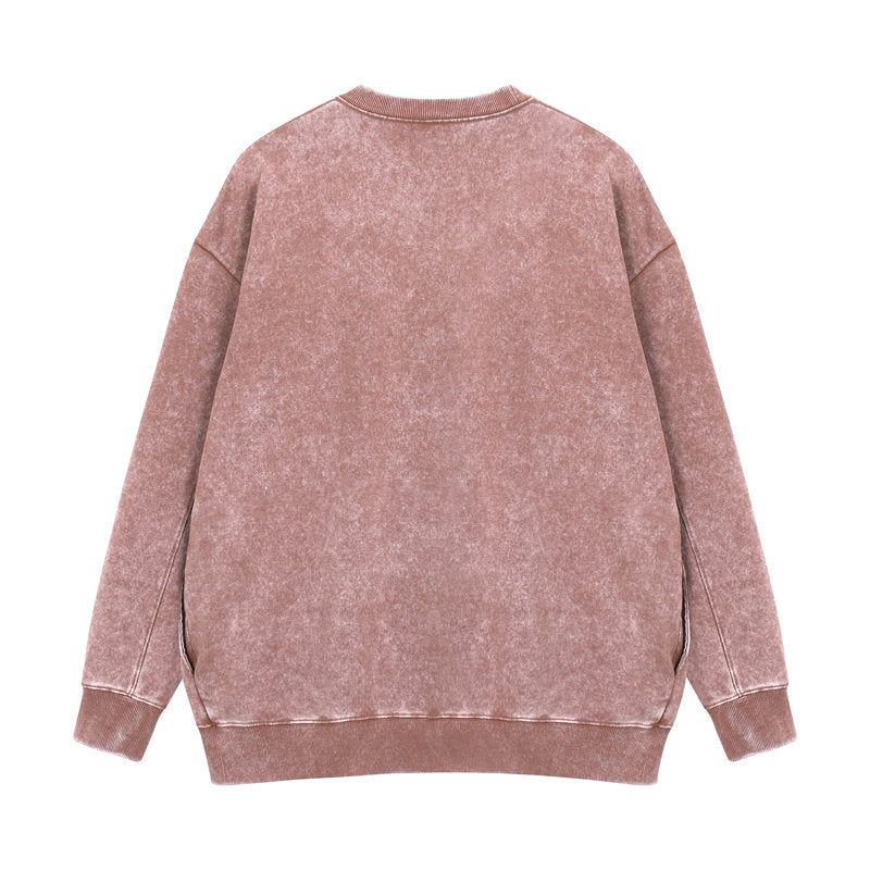 Back view of round-neck distressed washed vintage sweatshirt in brown color