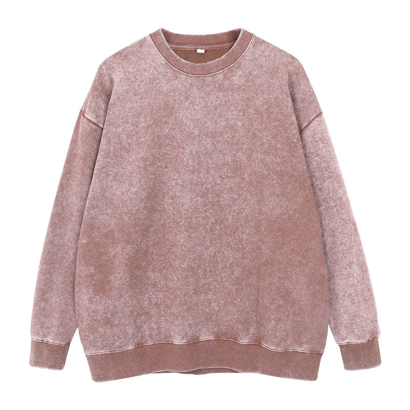 Front view of round-neck distressed washed vintage sweatshirt in brown color