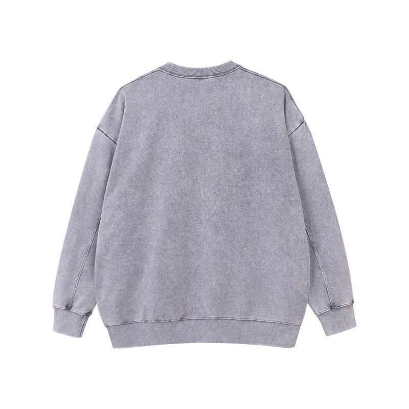 Back view of round-neck distressed washed vintage sweatshirt in gray color