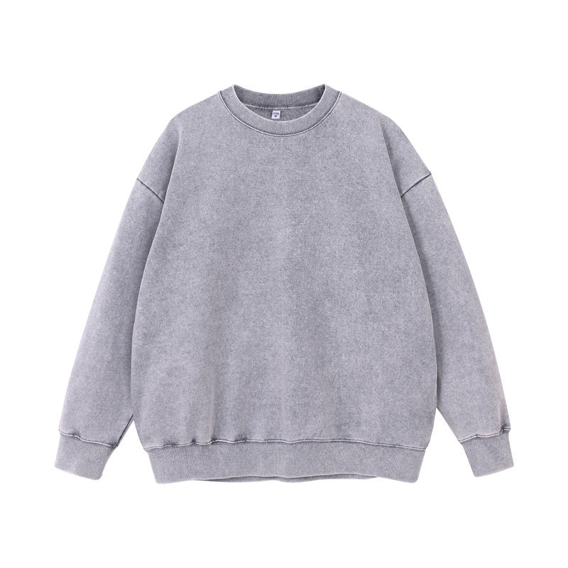 Front view of round-neck distressed washed vintage sweatshirt in gray color