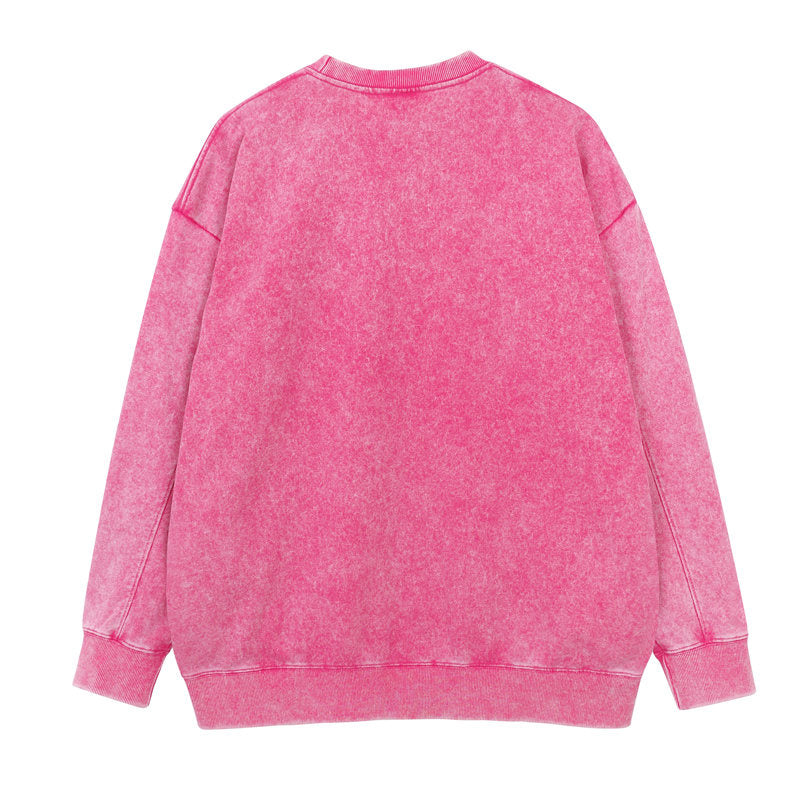 Back view of round-neck distressed washed vintage sweatshirt in rose red color