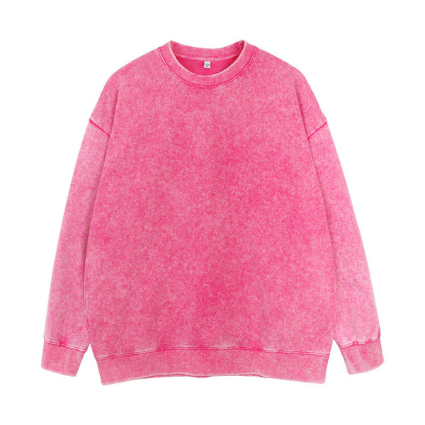 Front view of round-neck distressed washed vintage sweatshirt in rose red color