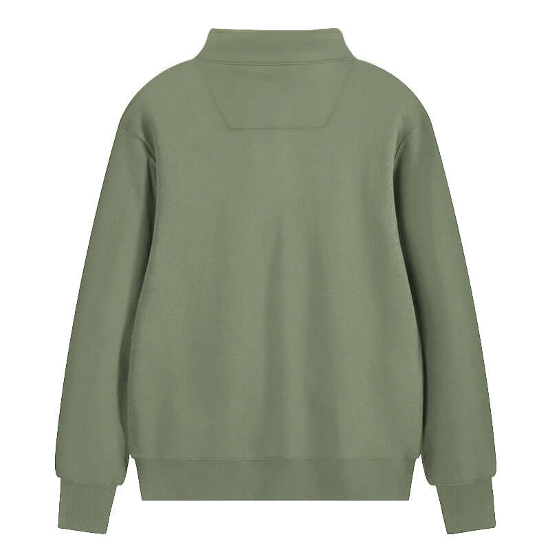 Back view of Semi Zip Sweatshirt in green color with stand collar and relaxed fit.