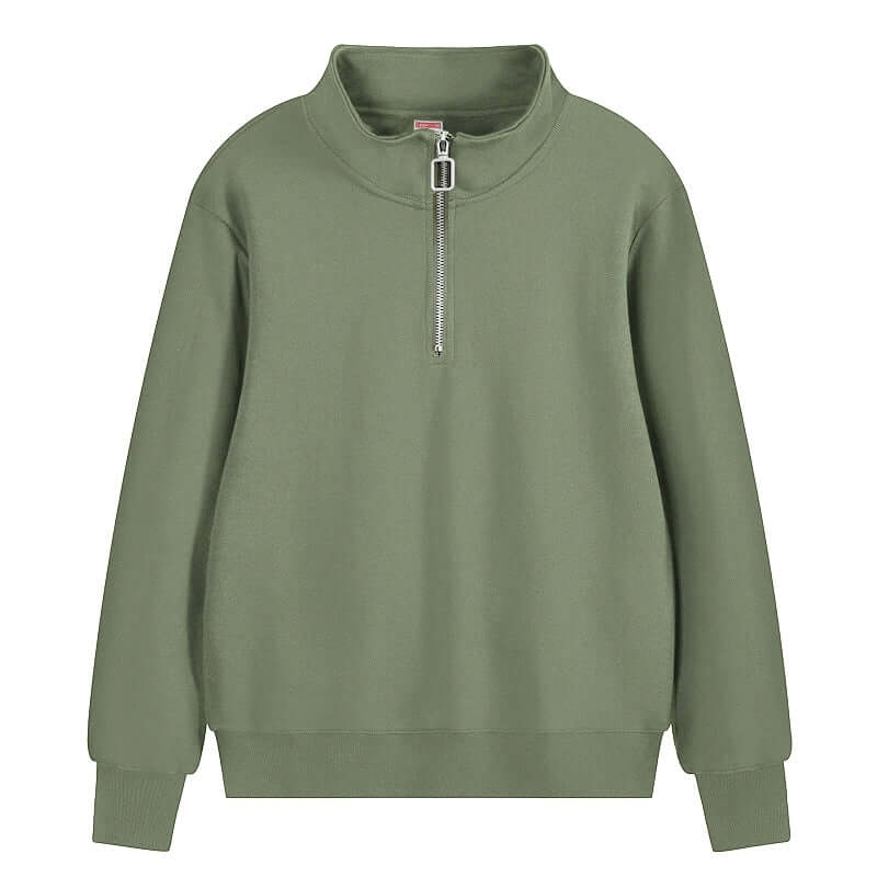 Semi Zip Sweatshirt in olive green with stand collar and semi-zip closure, perfect for unisex wear.