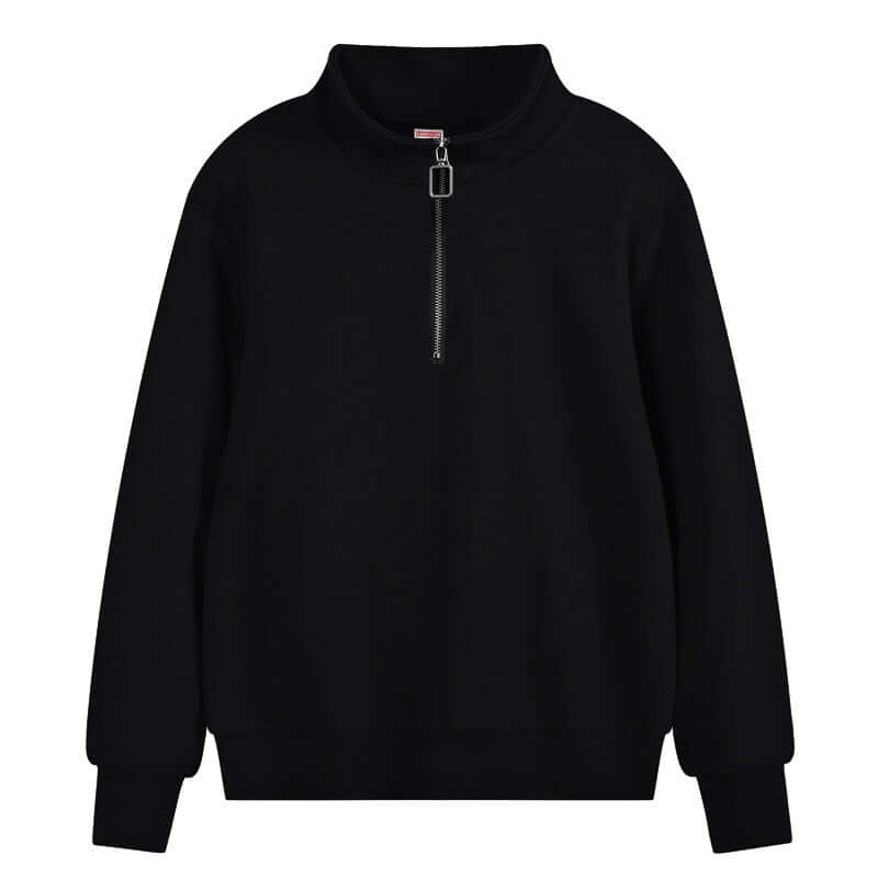 Semi Zip Sweatshirt in black with stand collar and semi-zip closure, perfect for unisex wear and comfort.