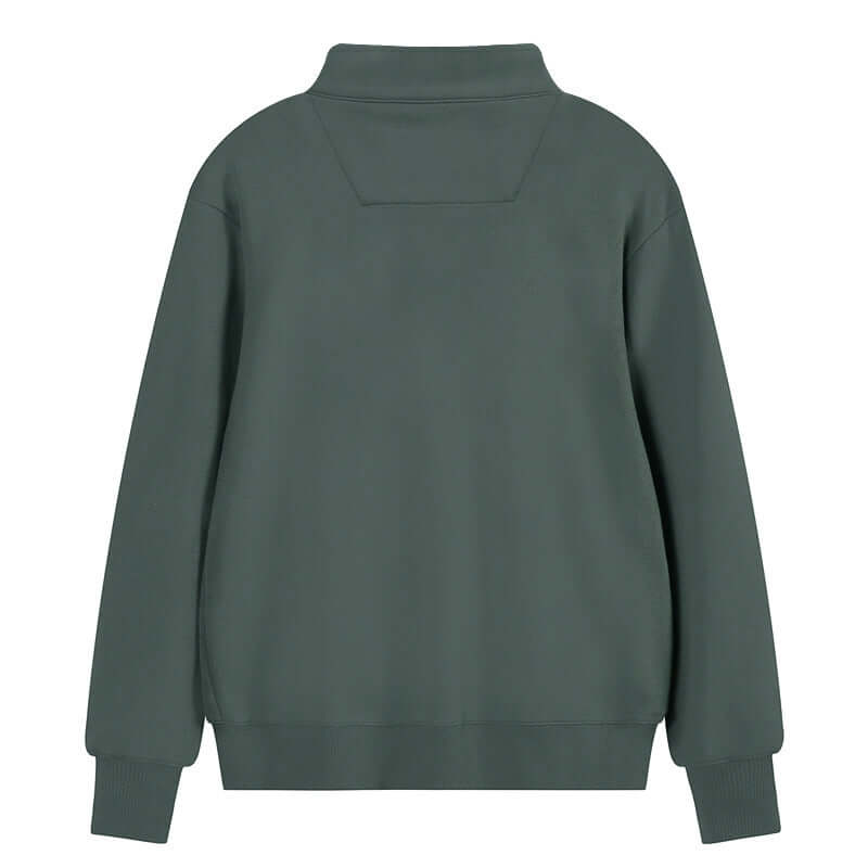 Back view of Semi Zip Sweatshirt in green, featuring a stand collar and relaxed fit for unisex wear.