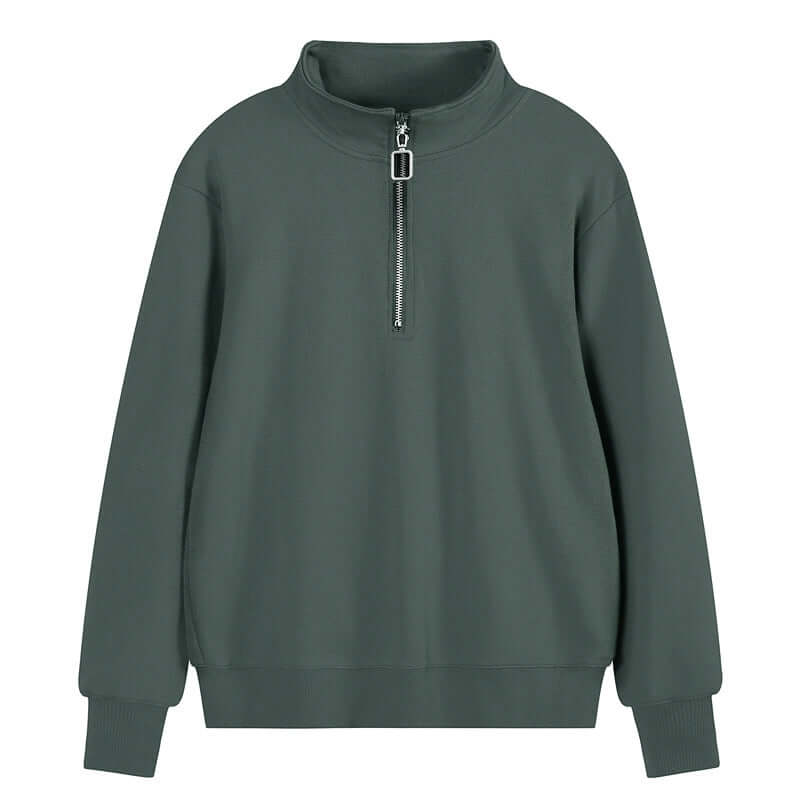 Semi Zip Sweatshirt featuring a stand collar and semi-zip closure in a solid green color.