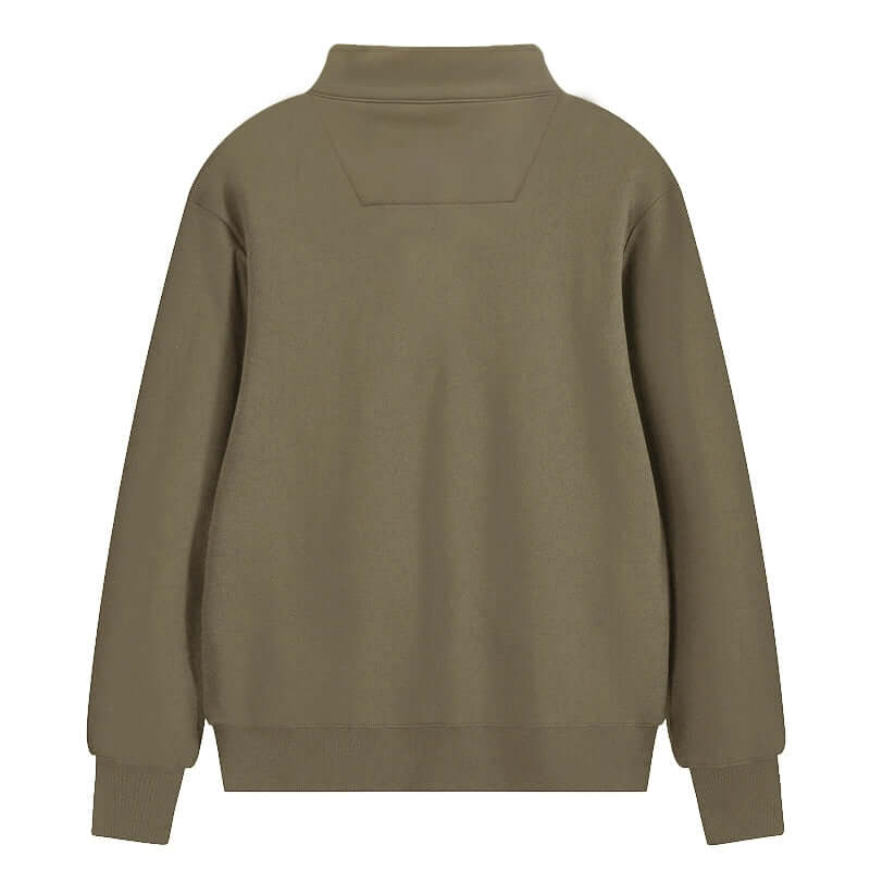 Back view of the Semi Zip Sweatshirt in olive green color with stand collar and relaxed fit.