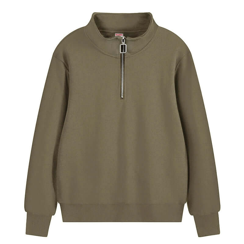 Semi Zip Sweatshirt in olive green with stand collar and semi-zip closure for unisex wear.