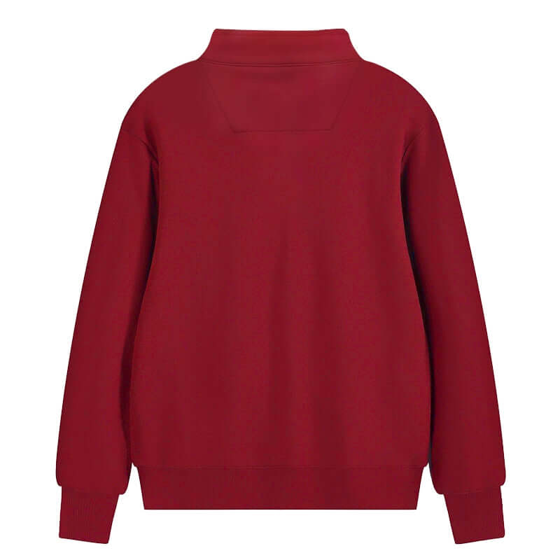 Back view of Semi Zip Sweatshirt in red, featuring a stand collar and relaxed fit, perfect for unisex wear.