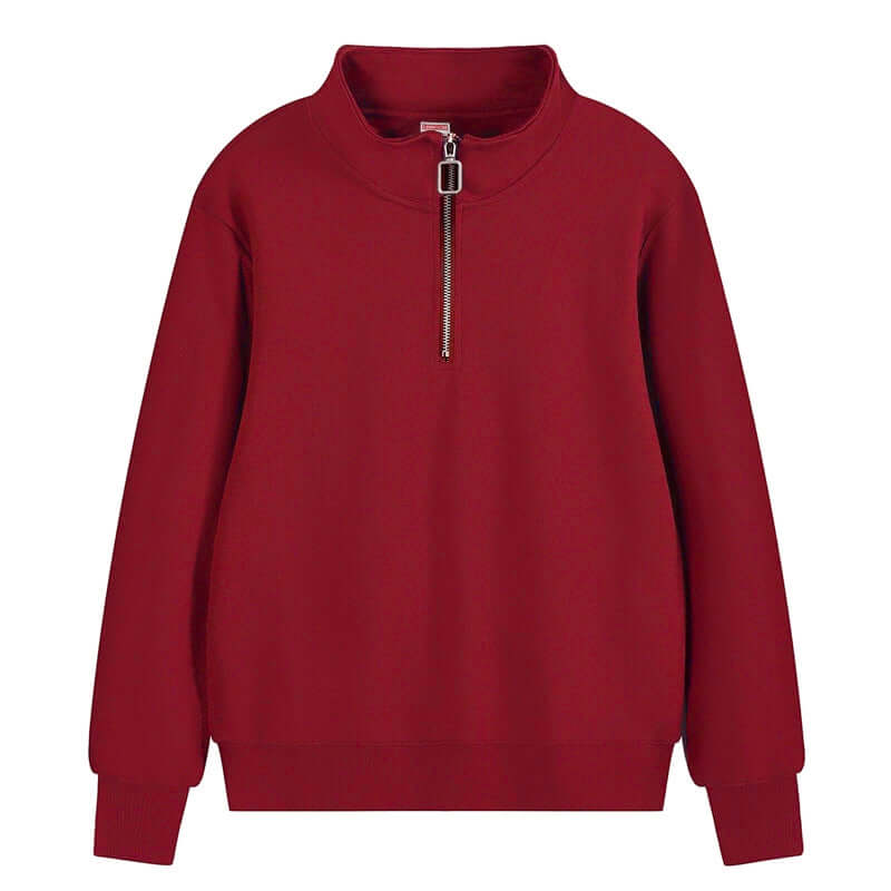 Semi Zip Sweatshirt in red with stand collar and semi-zip closure, perfect for unisex wear.