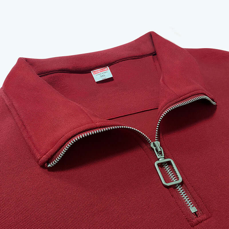 Close-up of Semi Zip Sweatshirt showing stand collar and semi-zip closure in red color.