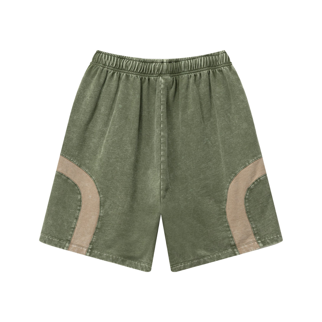 Back view of men's snow wash colorblock shorts in Army Green/Khaki
