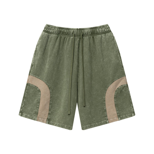 Front view of men's snow wash colorblock shorts in Army Green/Khaki