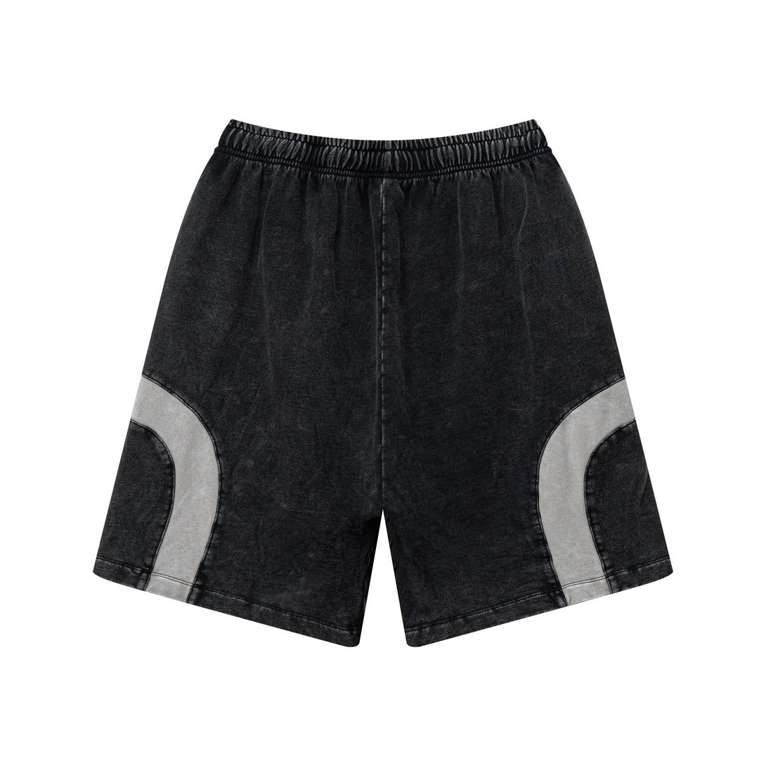 Back view of men's snow wash colorblock shorts in Black/Medium Gray