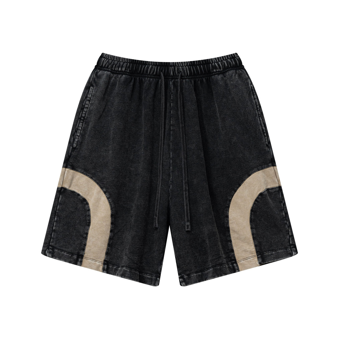 Front view of men's snow wash colorblock shorts in Black/Khaki