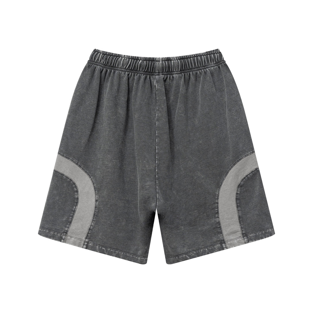 Back view of men's snow wash colorblock shorts in Dark Gray/Medium Gray