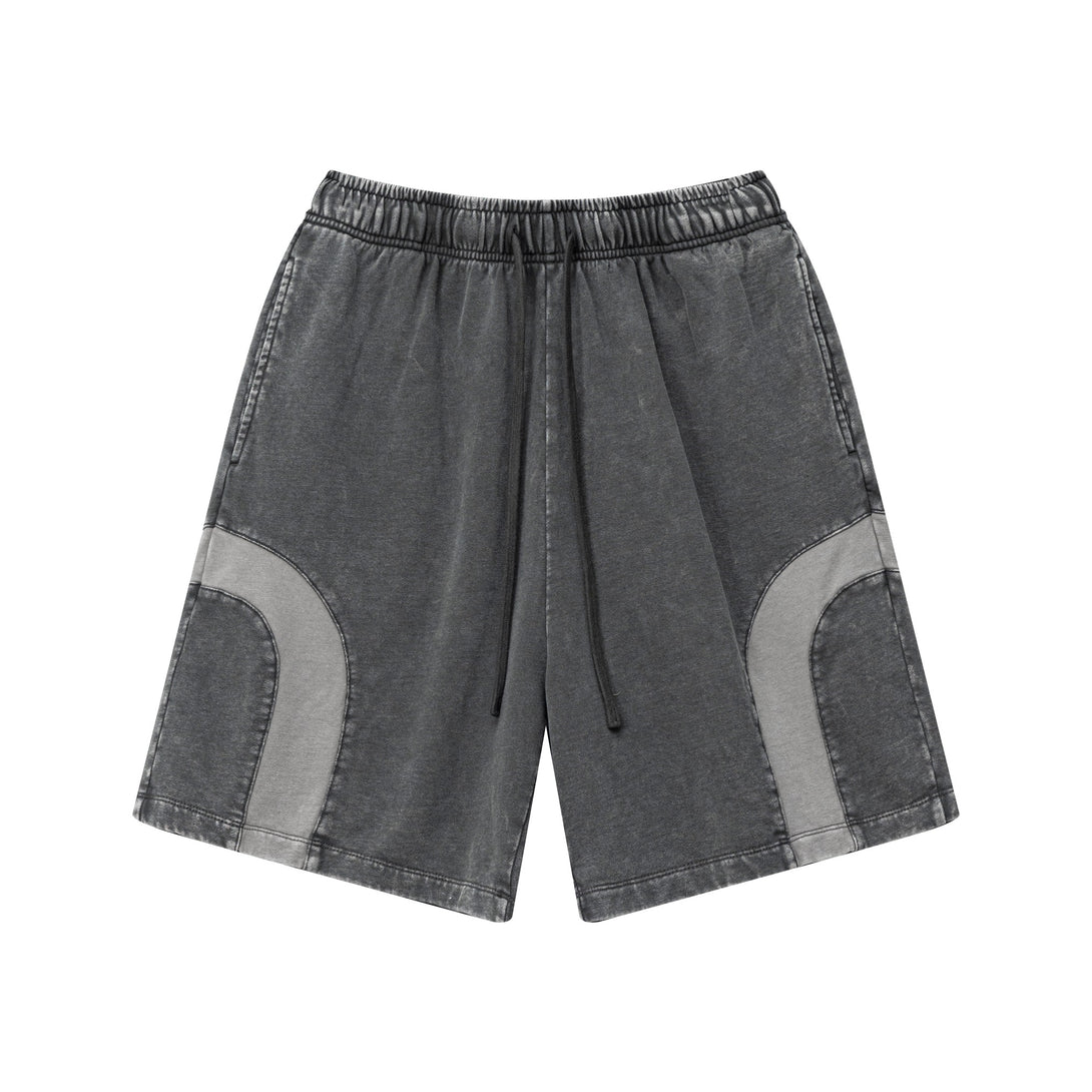 Front view of men's snow wash colorblock shorts in Dark Gray/Medium Gray