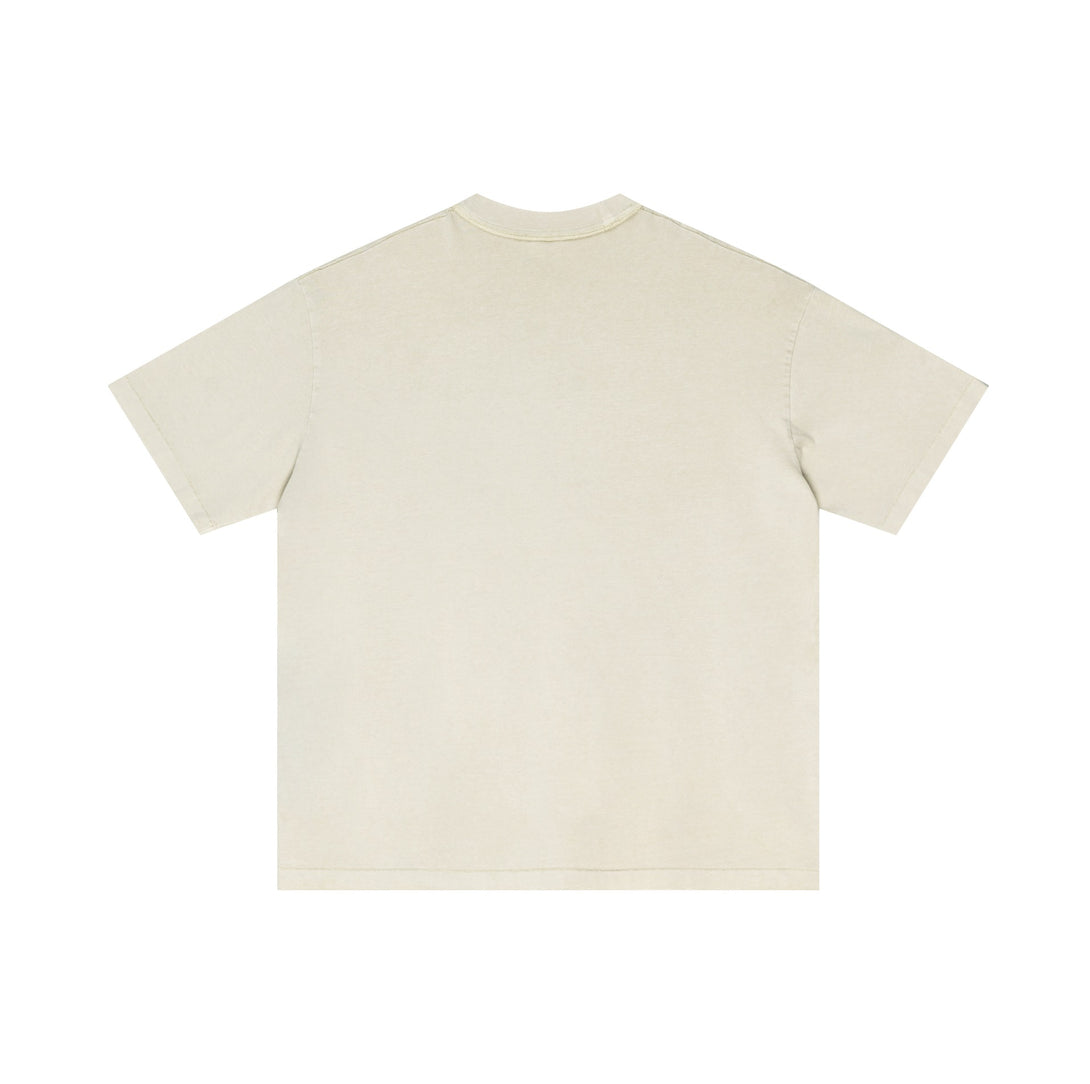 Khaki SS25 vintage wash t-shirt back view with pigment-dyed detailing. Oversized streetwear for wholesale suppliers.