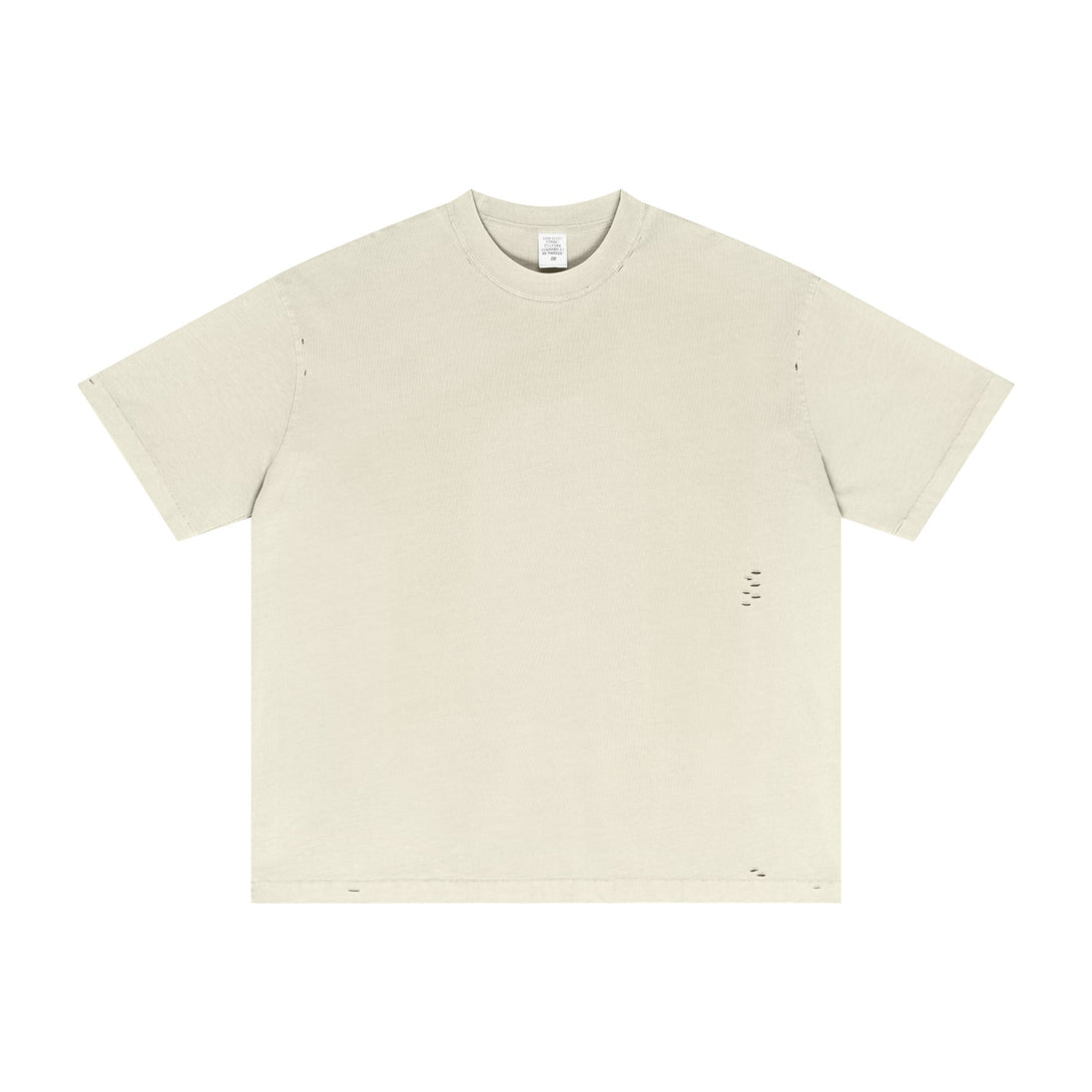 Khaki SS25 vintage wash oversized t-shirt with pigment-dyed finish, front view. Distressed wholesale apparel essential.