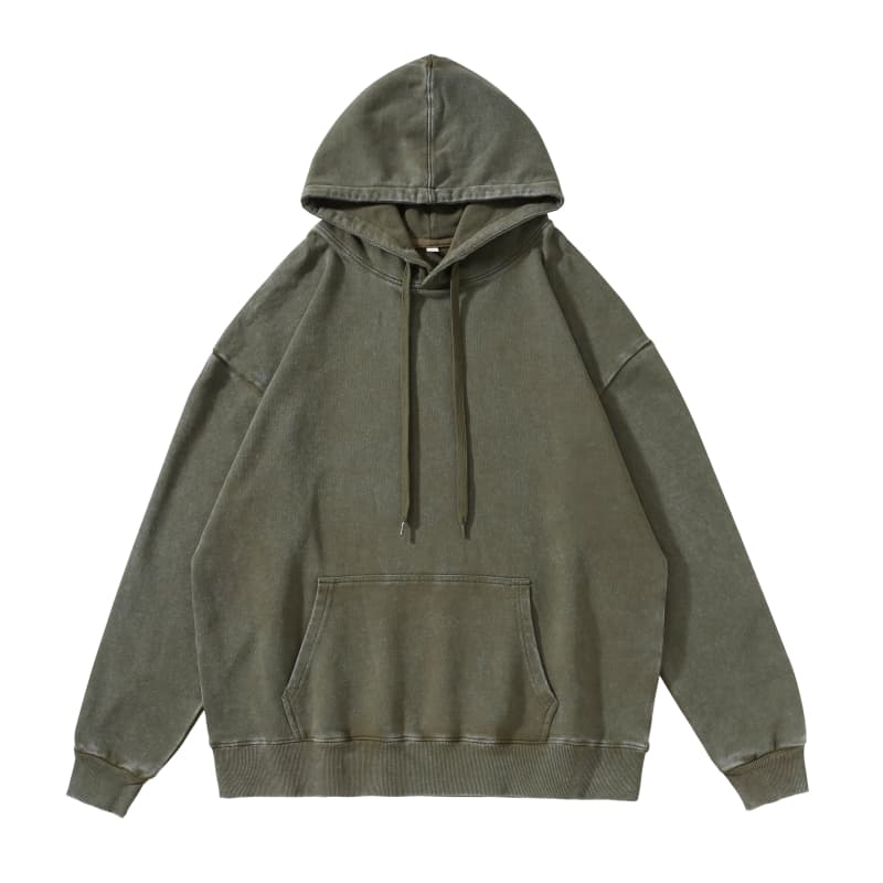 Vintage Wash Hoodie in olive green color, featuring oversized cut, front pocket, and drawstring hood.