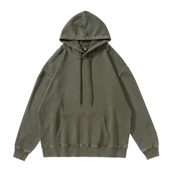 Vintage Wash Hoodie in olive green color, featuring oversized cut, front pocket, and drawstring hood.