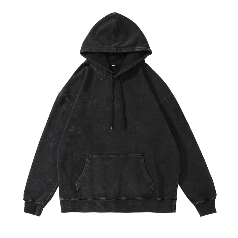 Vintage Wash Hoodie in black, heavyweight 380gsm pullover with drop shoulder design and reinforced stitching.