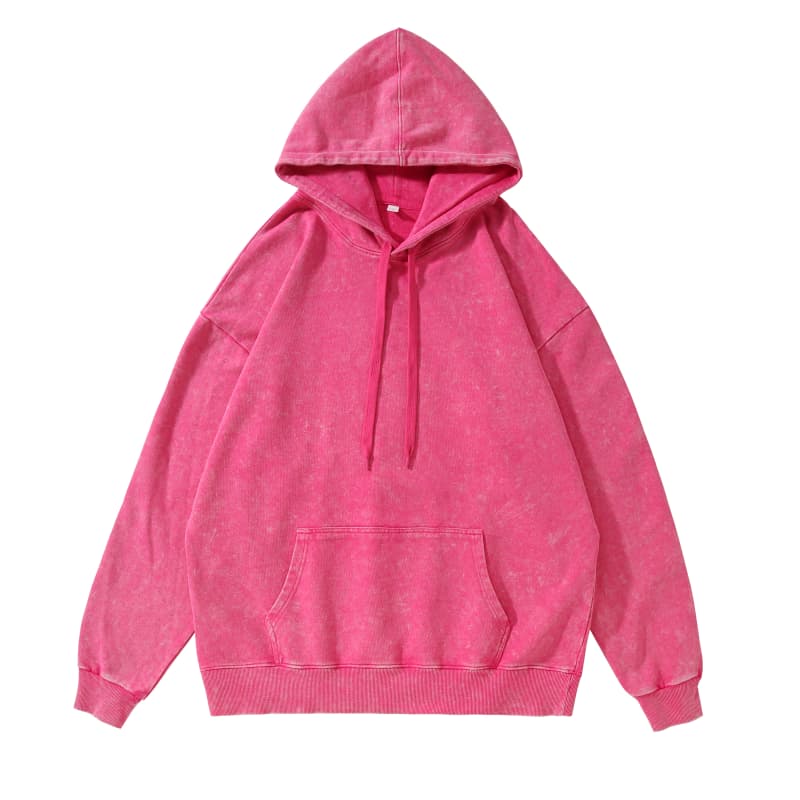 Vintage Wash Hoodie in vibrant pink color, featuring a roomy fit, hood, and front pocket.