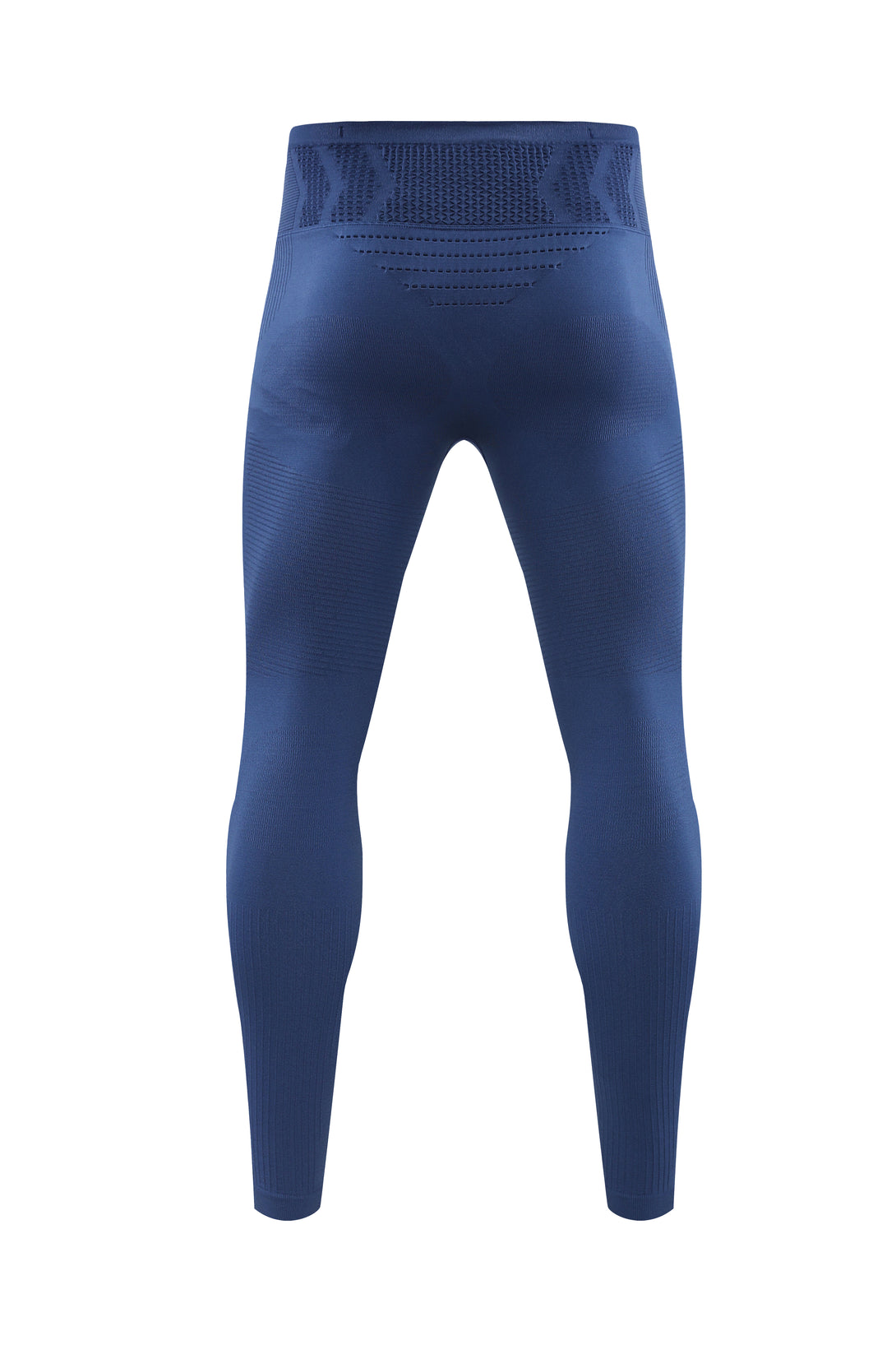 Back perspective of blue workout compression pants
