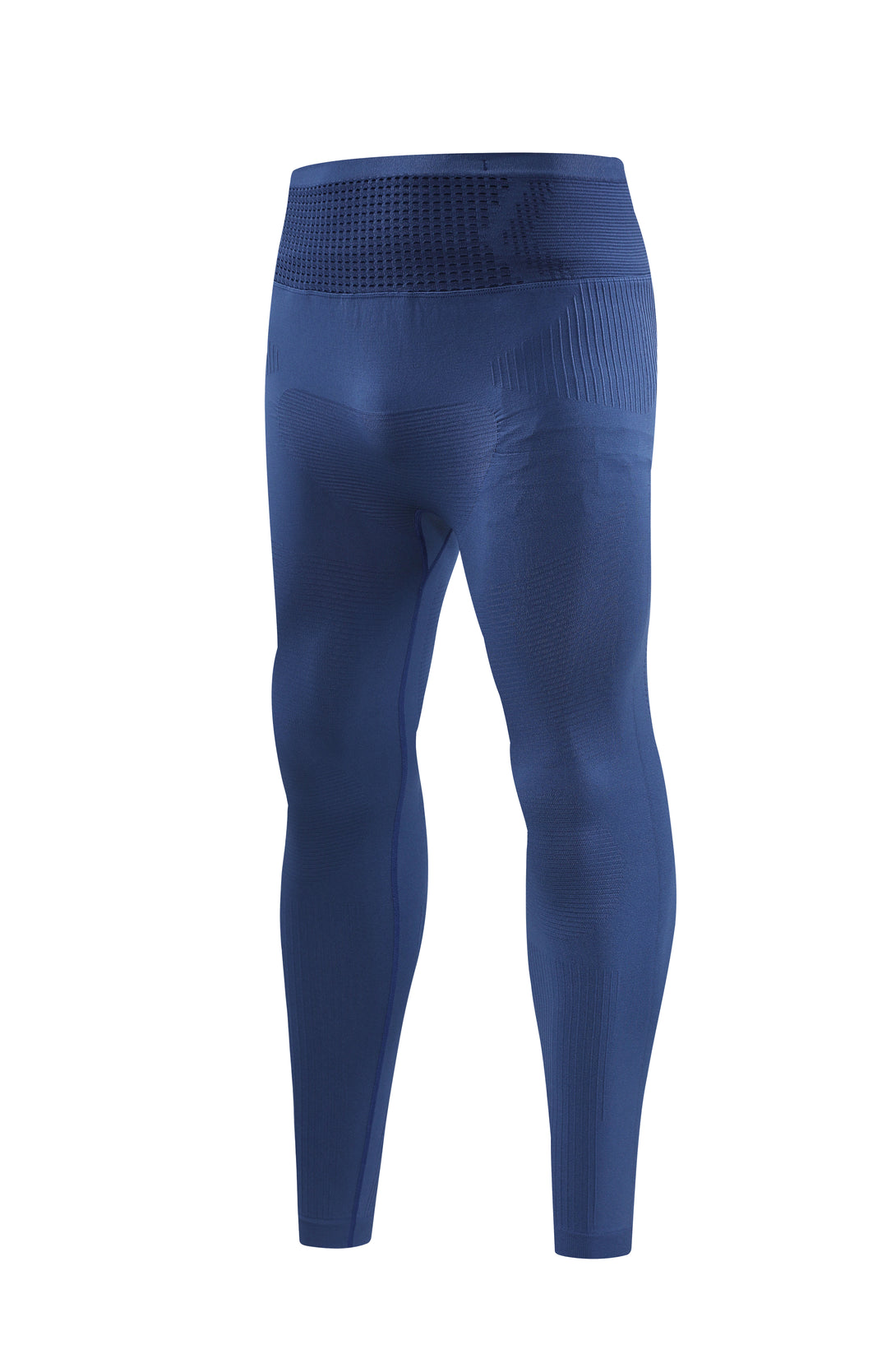 Right side profile of blue athletic compression pants
