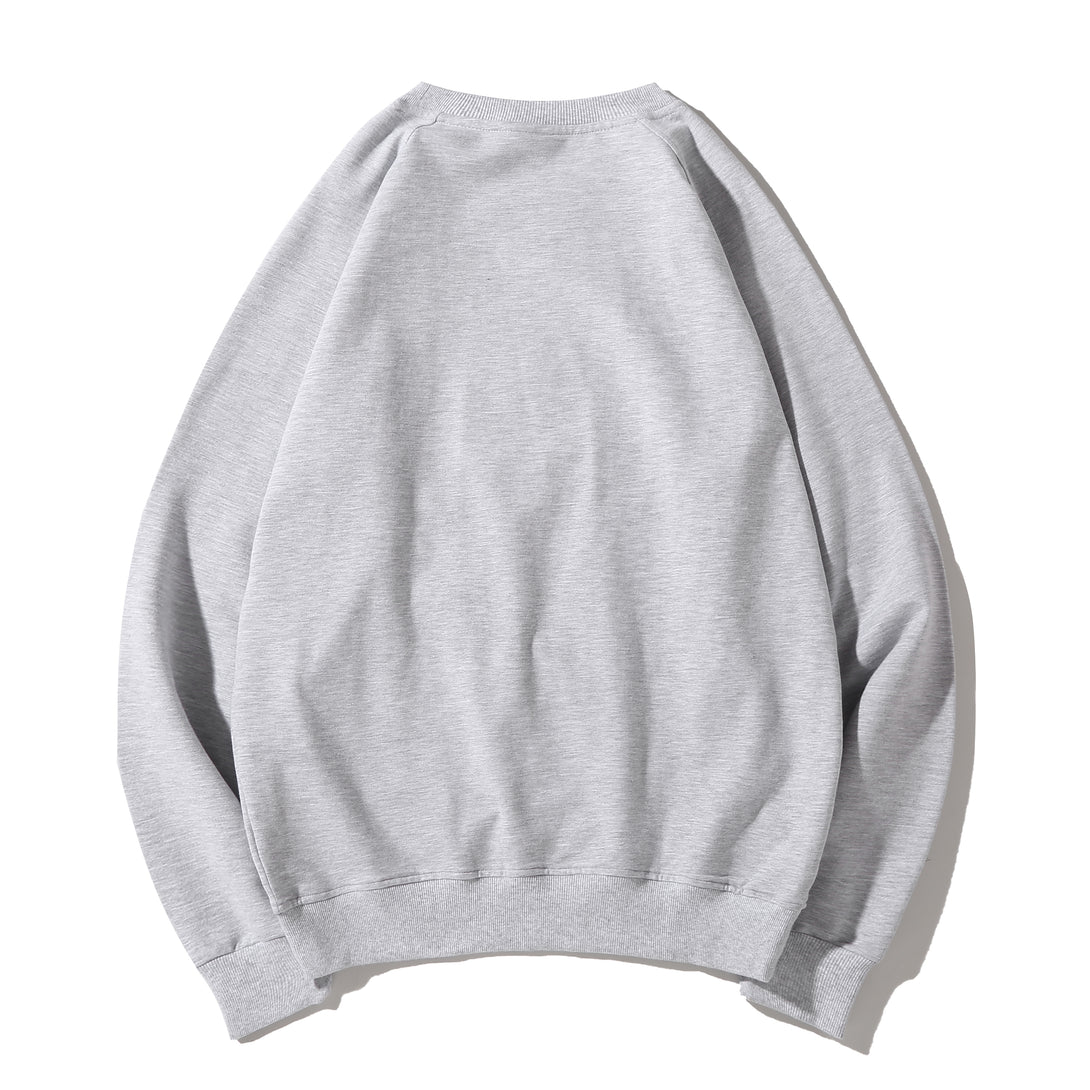Back view of grey custom-brandable fleece sweatshirt with ribbed details