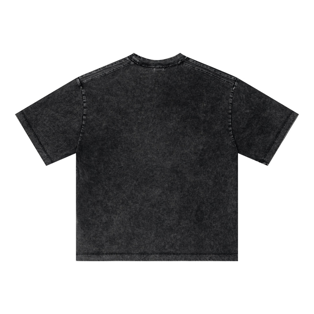 Back view of Black 100% cotton unisex tee showing consistent vintage wash for supply chain orders.