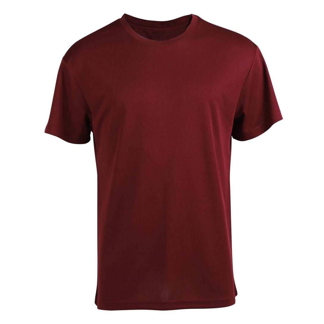Burgundy quick-dry sports tee front - RPET mesh ODM activewear