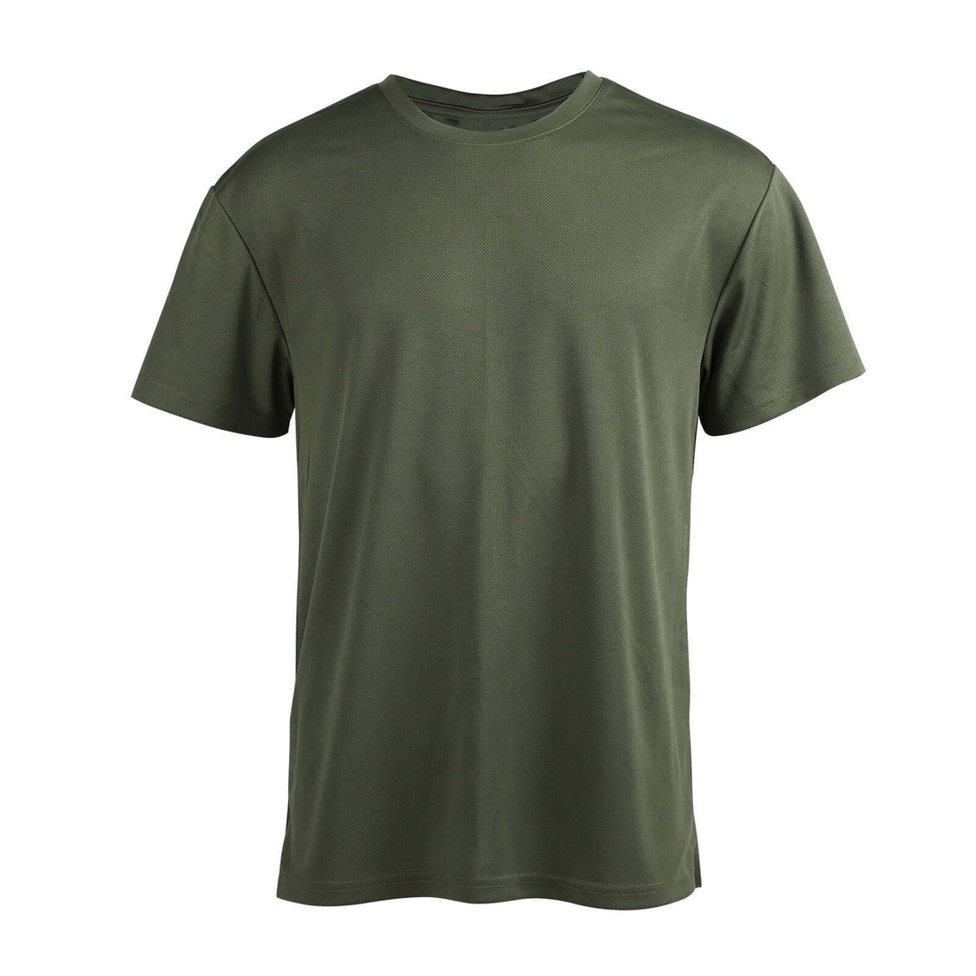 Olive green recycled mesh tee front - Sustainable quick-dry OEM